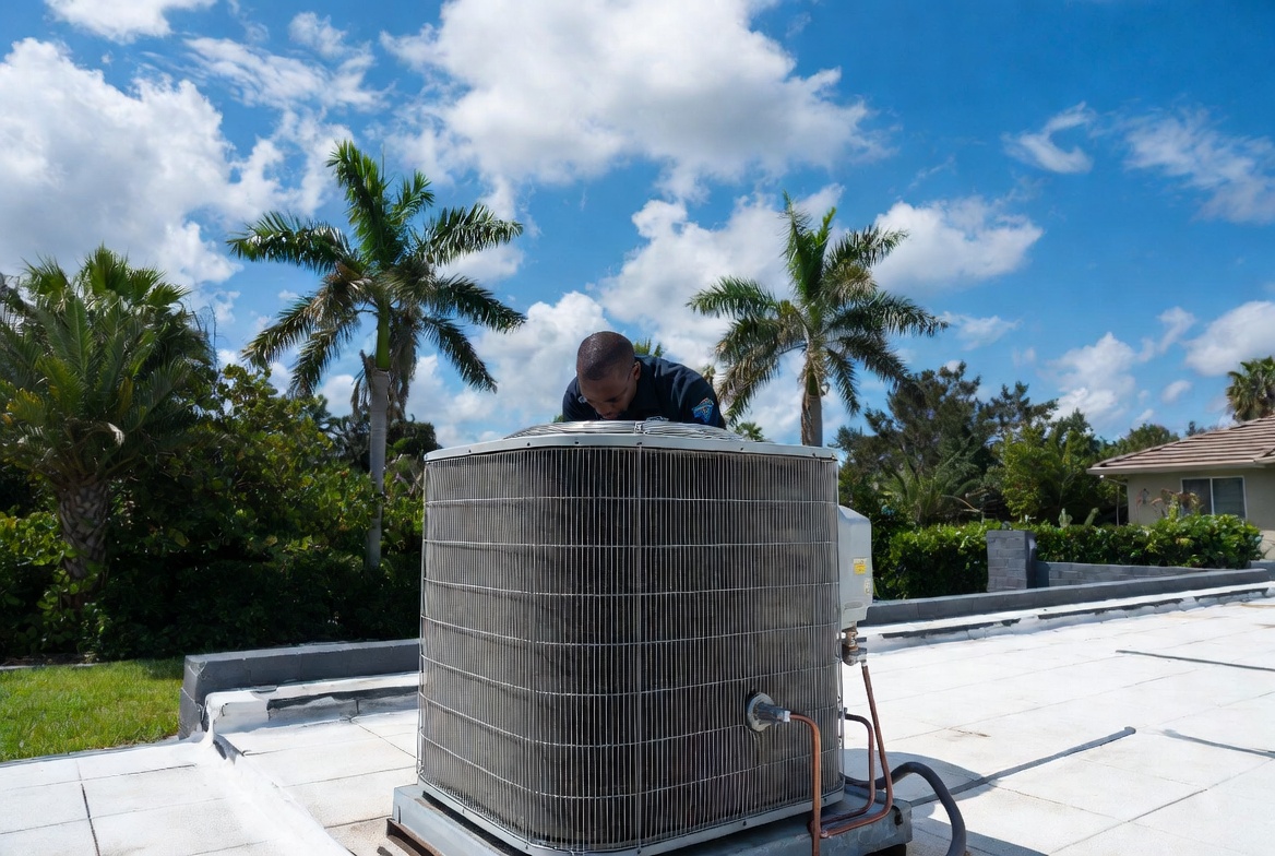 Outdoor AC condenser unit maintained by Green Cooling Solutions in Lakewood Ranch, FL