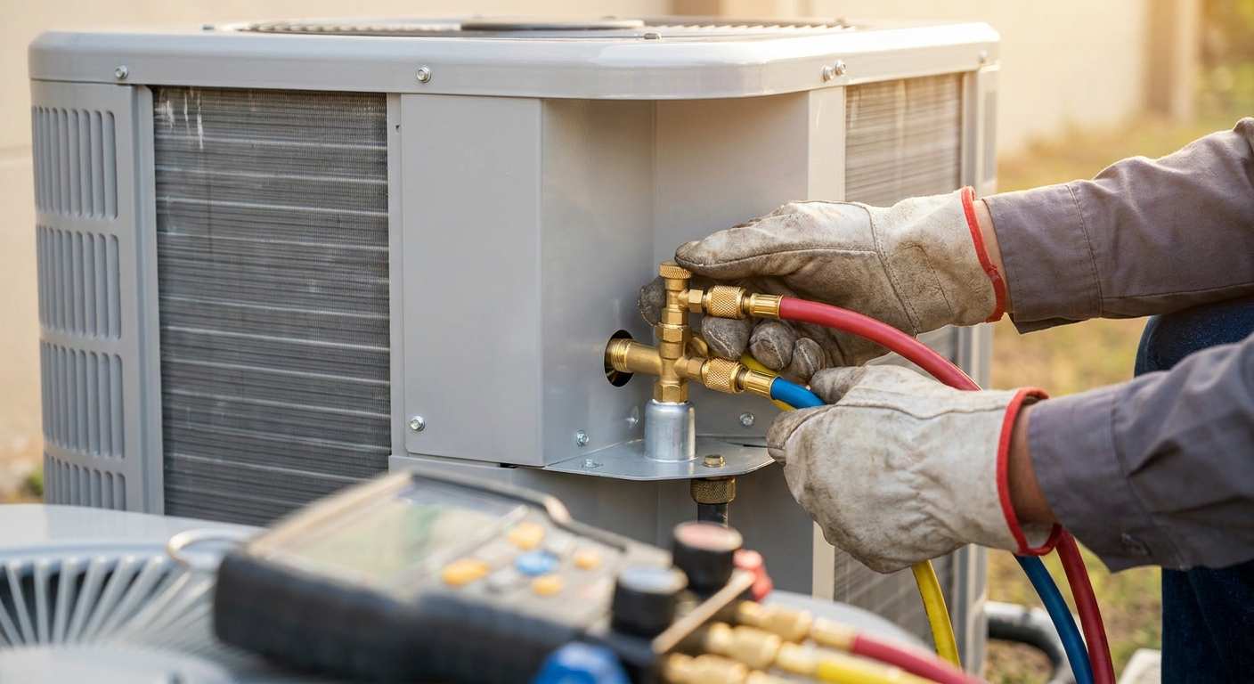 HVAC technician verifying refrigerant charge during AC installation commissioning in Sarasota