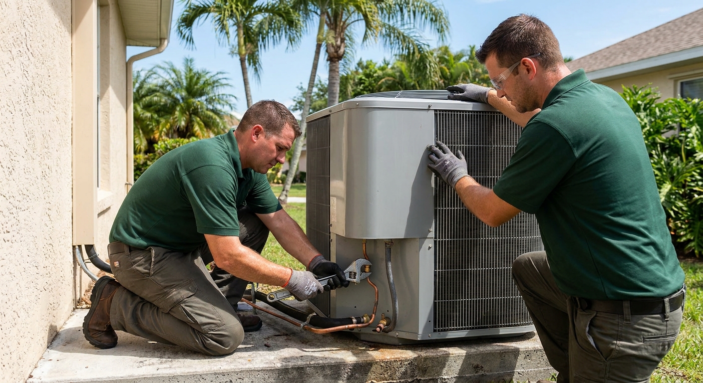 Green Cooling Solutions technicians completing a new AC installation at a Sarasota, FL home