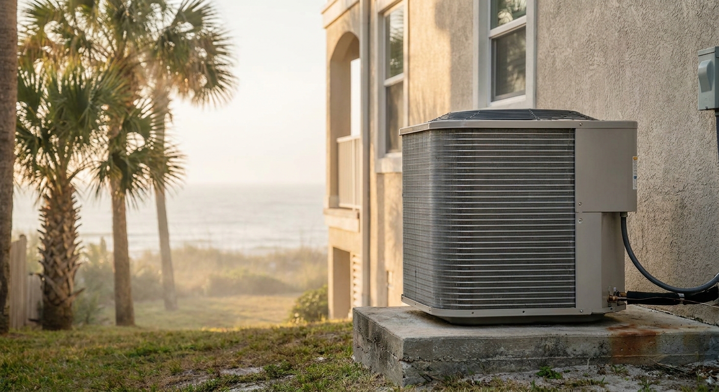 Outdoor AC condenser unit at a coastal Sarasota, FL home exposed to Gulf salt air